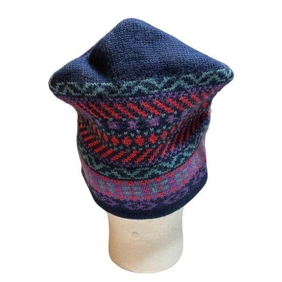 Vintage wool ski hat winter beanie in blue purple green and red made in Canada - Picture 3 of 5